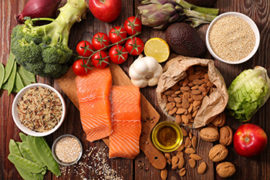 Collage of Healthy Food on Wooden Table